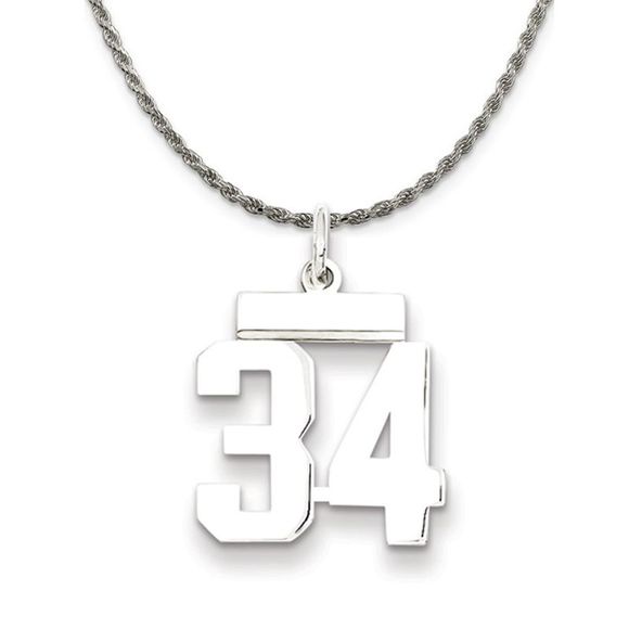 Sterling Silver Athletic Lg Polished Number 34 Necklace - 26 Inch